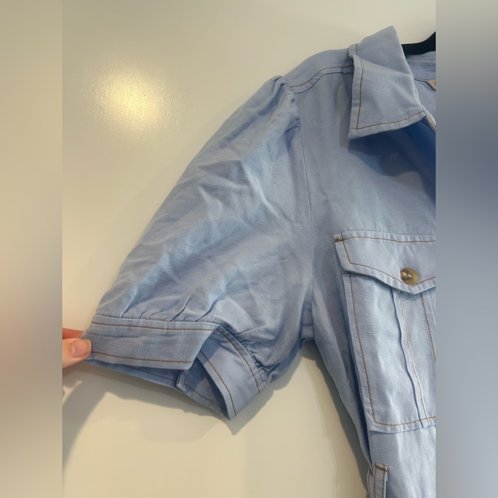 Soft Surroundings Light Wash Denim Utility Button Tiered Midi Dress Puff Sleeve - Picture 6 of 10